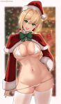  1girl absurdres alternate_costume bangs bikini blonde_hair blurry blurry_background blush bow bowtie breasts commentary english_commentary fate/extra fate/grand_order fate_(series) green_bow green_bowtie green_eyes hair_intakes hat highres hioyami large_breasts long_sleeves looking_at_viewer marker_(medium) navel nero_claudius_(fate) open_mouth patreon_username red_headwear santa_costume santa_hat smile sparkle swimsuit thighhighs traditional_media underboob white_bikini white_thighhighs 