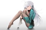  1girl ahoge asticassia_school_uniform black_pantyhose front-seamed_legwear gradient gradient_background green_jacket green_shorts grey_eyes grey_hair gundam gundam_suisei_no_majo highres hugging_own_legs jacket knees_up long_hair looking_at_viewer miorine_rembran no_shoes on_ground pantyhose profile school_uniform seamed_legwear short_shorts shorts sitting solo tiptoes xi_ying 