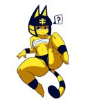  animal_crossing ankha_(animal_crossing) anthro blue_hair breasts butt chest_wraps clothed clothing digital_media_(artwork) domestic_cat felid feline felis female fur genitals golde hair hi_res leg_grab looking_at_viewer lying mammal nintendo on_back on_ground panties pussy question_mark raising_leg simple_background solo speech_bubble underwear white_background wraps yellow_body yellow_fur 