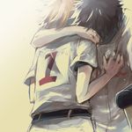  2boys abe_takaya baseball belt blonde_hair crutch cry hug lowres male male_focus mihashi_ren multiple_boys ookiku_furikabutte tears 