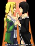  2girls black_hair blonde_hair blush long_hair naruto shizune_(naruto) short_hair symmetrical_docking tsunade yuri 