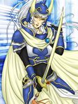  1girl armor blue_eyes cape female final_fantasy final_fantasy_i genderswap helmet long_hair lowres mazekoze-kinako silver_hair solo sword warrior_of_light weapon 
