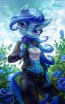  2018 abs blue_eyes blue_hair blue_rose blue_theme breasts cleavage clothed clothing equine fan_character female flower hair holivi horse mammal my_little_pony plant pony rose solo torn_clothing 