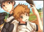  abe_takaya baseball baseball_cap baseball_glove black_hair blonde_hair gray_eyes grey_eyes hat mihashi_ren ookiku_furikabutte 