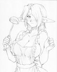  apron blush breasts elf huge_breasts ladle monochrome naked_apron original pointy_ears 