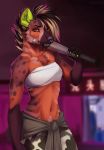  anthro band-aid bandage baseball_bat bat_(object) chest_tuft chest_wraps clothed clothing dannoitanart female hair hyaenid looking_at_viewer mammal multicolored_hair navel pubes solo spotted_hyena standing tuft wraps 