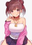  1girl :q bare_shoulders belt belt_collar black_skirt breasts brown_hair chains chocolate closed_mouth collar collarbone crop_top double_bun food grey_background hair_ribbon hand_up holding holding_food idolmaster idolmaster_shiny_colors jacket jewelry koukoku lock long_hair long_sleeves looking_at_viewer medium_breasts midriff miniskirt navel necklace off_shoulder open_clothes open_jacket padlock pink_jacket red_eyes red_ribbon ribbon sidelocks simple_background sitting skirt smile solo sonoda_chiyoko strapless tongue tongue_out tubetop twintails wariza white_legwear 