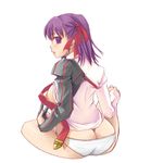  ass blue_(ao_maru) butt_crack dark_sakura fate/hollow_ataraxia fate/stay_night fate_(series) matou_sakura no_pants panties purple_eyes purple_hair simple_background solo underwear white_panties 