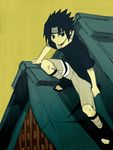  1boy artist_request black_hair headband lowres male male_focus naruto rooftop short_hair solo uchiha_sasuke 