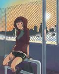  bag belt black_hair bracelet bracelets city footwear hood hoodie jewelry kinuko_(fever_chill) kinuko_(mecha_fetus) looking_back mariel_cartwright randoseru shorts sitting socks sunset sweater 