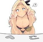  ! 1girl amazon_(dragon&#039;s_crown) armor bikini_armor blonde_hair bongo_cat breasts cleavage commentary_request dragon&#039;s_crown feathers gluteal_fold hair_feathers hair_intakes hands_on_own_knees hori_shin leaning_forward long_hair looking_at_viewer medium_breasts meme navel purple_eyes raised_eyebrows simple_background solo spoken_exclamation_mark thick_thighs thigh_gap thighs twitter white_background 