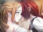  1boy 1girl brown_eyes brown_hair game_cg hell_guide indoors kiss m_no_violet red_hair tears tongue towel twintails 