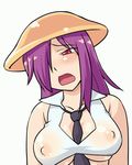 animated animated_gif bouncing_breasts breasts covered_nipples hair_over_one_eye hat hinemosu_notari large_breasts long_hair lowres mushroom necktie nipples purple_hair red_eyes solo 