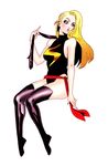  bare_shoulders blonde_hair blue_eyes female full_body gloves leotard long_hair marvel ms_marvel sash simple_background sitting solo taro_inaba thighhighs white_background 