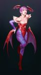  abs animal_print bare_shoulders bat_print bat_wings demon_girl elbow_gloves flat_chest gloves head_wings highres leotard lilith_aensland lips omu_upied open_mouth pantyhose print_legwear purple_hair realistic red_eyes red_leotard short_hair solo succubus vampire_(game) wings 