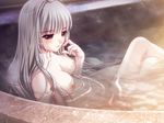  1girl bath bathing blush breasts brown_eyes crossed_legs game_cg hell_guide hime_cut konohana_amadu legs_crossed lipstick long_hair m_no_violet makeup navel nipples purple_eyes reclining santa_maria santa_matsuri silver_hair sitting smile solo steam submerged very_long_hair water wet 