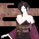  bare_shoulders beauty_mark black_hair breasts cleavage detached_sleeves dress earrings female hair_ornament hair_up japanese_clothes jewelry long_hair mole nouhime purple_eyes ribbon sengoku_musou sengoku_musou_3 solo strapless strapless_dress winter_(pixiv993263) 