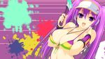  beatmania beatmania_iidx bikini breasts celica cleavage female hat headphones highres large_breasts long_hair mizushiro_celica open_mouth panitbrush purple_eyes purple_hair smile solo swimsuit twintails wallpaper 