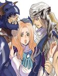  1girl 2boys armor bandana bandanna blonde_hair cain_highwind female final_fantasy final_fantasy_iv final_fantasy_iv_the_after green_eyes grin helmet long_hair male multiple_boys robe rosa_farrell smile yellow_eyes zdj 