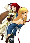  2girls arc_system_works bare_shoulders blazblue blazblue:_continuum_shift blonde_hair blue_eyes blush body_blush cape detached_sleeves female gloves green_eyes grin highres long_hair multiple_girls noel_vermillion qjack red_hair red_ribbon ribbon smile thighhighs tsubaki_yayoi uniform wink 