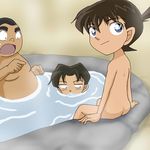  3boys blush edogawa_conan kojima_genta looking_at_viewer looking_back meitantei_conan multiple_boys no_glasses nude onsen open_mouth short_hair surprised tsuburaya_mitsuhiko 