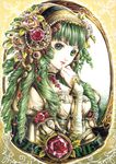  art_nouveau bangs birthstone garnet garnet_(gem) gem green_eyes green_hair headband highres jewel nao_tsukiji princess ringlets tukiji_nao 