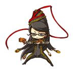  bayonetta bayonetta_(character) beauty_mark black_hair blue_eyes bodysuit chains chibi earrings female full_body glasses gun hair_bun jewelry kaos long_hair mole red_ribbon ribbon simple_background solo very_long_hair weapon white_background 