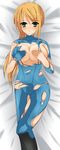  blonde_hair breasts female green_eyes highres huge_breasts long_hair lying metroid p3 ponytail samus_aran solo torn_clothes zero_suit 