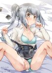  1girl after_sex after_vaginal aqua_bra aqua_panties black_dress black_ribbon blush bra breasts brown_eyes clothed_after_sex clothing_aside collared_shirt condom condom_wrapper cum cum_in_pussy cumdrip dress grey_hair hair_ribbon highres kantai_collection kasumi_(kancolle) kasumi_kai_ni_(kancolle) long_sleeves lying on_back panties panties_aside partially_unbuttoned pinafore_dress ribbon shirt side_ponytail sleeveless sleeveless_dress small_breasts solo spread_legs underwear used_tissue white_shirt yo-suke 