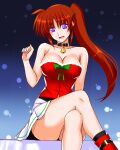  1girl animal_collar bangs bare_shoulders bell black_collar black_socks boots breasts brown_hair christmas cleavage collar commentary crossed_legs engo_(aquawatery) fur-trimmed_shirt fur_trim hair_tie head_tilt highres large_breasts long_hair looking_at_viewer lyrical_nanoha miniskirt neck_bell open_mouth pleated_skirt purple_eyes red_footwear red_shirt santa_costume shirt side_ponytail sitting skirt smile snowing socks solo strapless strapless_shirt takamachi_nanoha white_skirt 
