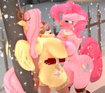  3d_(artwork) after_kiss anthro anthrofied armwear bell big_breasts blue_eyes blush bodily_fluids breasts clothing collar digital_media_(artwork) earth_pony elbow_gloves equid equine featureless_crotch fluttershy_(mlp) friendship_is_magic fur gloves hair hand_holding handwear hasbro hi_res horse legwear mammal my_little_pony pegasus pink_body pink_fur pink_hair pinkie_pie_(mlp) pony purplefondue red_nose reindeer_antlers saliva saliva_string snow steam stockings thigh_highs wings yellow_body yellow_fur 
