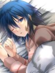  1girl bangs bed blue_eyes blue_hair blush ciel_(tsukihime) commentary_request highres looking_at_viewer lying medium_hair one_eye_closed open_mouth solo tsukihime tsukihime_(remake) under_covers vent_vert_(kuuya) 