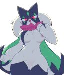  a78087653 anthro breasts curvy_figure felid female female/female fluffy fluffy_hair fur generation_9_pokemon hair looking_at_viewer looking_down mammal meowscarada nintendo pokemon pokemon_(species) provocative seductive simple_background solo stare thick_thighs white_body white_fur 