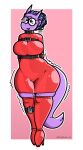  2019 anthro arms_tied belt big_butt blue_hair bodily_fluids bottomwear bound breasts butt clothing dogfluid dragon drooling eyelashes eyewear female florentine freckles glasses hair hi_res latex legs_tied legwear motion_lines neck_tied neckwear purple_body purple_skin purple_tail red_clothing saliva solo thick_thighs tight_clothing topwear wide_hips 