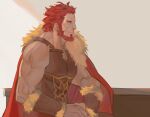  1boy armor beard bracer breastplate cape cleavage_cutout clothing_cutout commentary_request facial_hair fate/grand_order fate_(series) from_side fur-trimmed_cape fur_trim halorane highres iskandar_(fate) korean_commentary leather looking_to_the_side male_focus mature_male muscular muscular_male pectoral_cleavage pectorals red_eyes red_hair short_hair smile solo stomach upper_body 