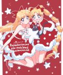  2girls aino_minako artemis_(sailor_moon) bangs bare_shoulders bishoujo_senshi_sailor_moon black_cat blonde_hair blue_eyes bow capelet cat dated double_bun dress earrings facial_mark forehead_mark full_body fur-trimmed_capelet fur-trimmed_dress fur_trim hair_bow hair_bun hair_ornament hands_on_own_cheeks hands_on_own_face highres jewelry kneeling light_blush long_hair looking_at_viewer luna_(sailor_moon) multi-tied_hair multiple_girls namisonpictures parted_bangs parted_lips pillarboxed pom_pom_(clothes) pom_pom_earrings pom_pom_hair_ornament red_background red_bow red_capelet red_dress red_footwear smile snow star_(symbol) strapless strapless_dress tsukino_usagi twintails twitter_username whiskers white_cat white_pom_poms 