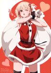  aoi_suzu bangs bare_shoulders blonde_hair blush breasts christmas dress fur-trimmed_dress fur_trim gloves hair_ribbon highres holding holding_sack large_breasts looking_at_viewer lycoris_recoil nishikigi_chisato one_eye_closed open_mouth red_dress red_eyes red_ribbon ribbon sack santa_costume santa_dress santa_gloves short_hair skirt thighhighs 