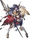  1girl alternate_costume arm_guards armor armored_boots bangs belt blue_eyes blue_hair bodysuit bodysuit_under_clothes boots breastplate broken_armor broken_shield cape closed_mouth feather_trim feathers fire_emblem fire_emblem_awakening fire_emblem_heroes full_body garter_straps gloves gold_trim highres holding holding_shield holding_weapon jewelry lips long_hair looking_away lucina_(fire_emblem) mizutama_(mao11260510) multiple_belts non-web_source official_art polearm ribbed_bodysuit scar scar_on_cheek scar_on_face shield shiny shiny_hair shoulder_armor skin_tight solo spear tiara torn_clothes transparent_background turtleneck weapon 