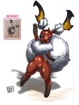  3:4 anthro brown_body brown_fur buckteeth crotch_tuft digitigrade dipstick_limbs do!_games dreamhare facial_markings female final_fantasy final_fantasy_xii fur head_markings head_tuft lagomorph leporid looking_at_viewer mammal markings navel neck_tuft open_mouth purple_eyes rabbit raised_arm simple_background solo square_enix teeth text thick_thighs tuft white_background white_body white_fur wide_hips wyrdhare_(final_fantasy_xii) 