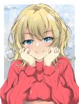  1girl blonde_hair blue_eyes braid breast_rest breasts colorado_(kancolle) gakky hands_on_own_face kantai_collection looking_at_viewer official_alternate_costume one-hour_drawing_challenge red_sweater ribbed_sweater short_hair side_braids smile solo sweater 