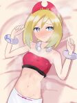  1girl absurdres armpits arms_up bandeau bangle bare_shoulders blonde_hair blue_eyes blush bracelet breasts commentary hair_between_eyes hair_ornament highres irida_(pokemon) jewelry kion_(namarock8686) looking_at_viewer lying navel necklace on_back pokemon pokemon_(game) pokemon_legends:_arceus short_hair sidelocks small_breasts smell smile steaming_body stomach sweat 