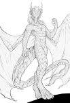  2022 4_toes 5_fingers anthro claws digital_media_(artwork) digitigrade dragon featureless_crotch feet fingers hi_res horn male membrane_(anatomy) membranous_wings monochrome nude scales scalie silgiriya_mantsugosi simple_background solo toes western_dragon white_background wings 