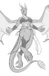  2022 5_fingers 5_toes anthro breasts claws clothed clothing digital_media_(artwork) dragon feet female fingers hi_res horn membrane_(anatomy) membranous_wings midriff monochrome non-mammal_breasts scales scalie silgiriya_mantsugosi simple_background solo spines teeth toes western_dragon white_background wings 