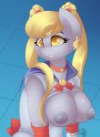  anthro anthrofied areola blonde_hair breasts clothed clothing clothing_lift derp_eyes derpy_hooves_(mlp) ear_piercing equid equine female friendship_is_magic hair hasbro hi_res mammal meme my_little_pony nipples piercing pigtails sailor_moon_(character) sailor_moon_(series) sailor_moon_redraw_challenge shirt shirt_lift solo topwear yellow_eyes 