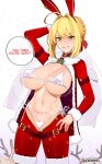  1girl ahoge bikini blonde_hair blush breasts christmas covered_nipples english_text eyeshadow fate/extra fate_(series) fur_trim green_eyes grin hair_intakes highres holding holding_sack huge_breasts leg_belt looking_at_viewer makeup meme meme_attire micro_bikini navel nero_claudius_(fate) padoru_(meme) pubic_tattoo reindeer reverse_bunnysuit reverse_outfit rezodwel sack side-tie_bikini_bottom smile solo speech_bubble swimsuit tattoo white_bikini 