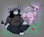  all_fours anthro backsack balls beanie big_butt bottomwear butt canid canine canis clothing domestic_dog dorky_(lewd_dorky) duo eeveelution espeon feral forehead_gem generation_2_pokemon genitals grey_body grey_hair hair half-closed_eyes hat headgear headwear hi_res lewd_dorky looking_at_viewer male mammal narrowed_eyes nintendo pants pokeball pokemon pokemon_(species) purple_body purple_sclera question_mark shirt sitting thick_thighs topwear white_eyes wide_hips 