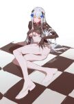  armored_bodysuit artist_name bangs blunt_bangs bodysuit checkered_floor cross_hair_ornament facial_mark girls&#039;_frontline green_eyes hair_ornament hand_on_hip highres hk416_(girls&#039;_frontline) hk416_(midnight_evangelion)_(girls&#039;_frontline) long_hair lying multicolored_bodysuit multicolored_clothes official_alternate_costume on_side teardrop_facial_mark teardrop_tattoo trove two-tone_bodysuit white_bodysuit white_hair 