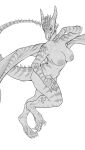  2022 4_fingers 4_toes absurd_res anthro areola breasts claws digital_media_(artwork) dragon english_text feet female fingers hi_res horn looking_at_viewer membrane_(anatomy) membranous_wings monochrome navel nipples non-mammal_breasts nude scales scalie silgiriya_mantsugosi simple_background spines standing text toes western_dragon white_background wings 