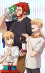  1girl 2boys :d :o alternate_costume alternate_hairstyle artoria_pendragon_(fate) beard black_shirt blonde_hair bottle carrying_over_shoulder casual contemporary facial_hair fate/zero fate_(series) feet_out_of_frame gilgamesh_(fate) halorane height_difference highres holding iskandar_(fate) korean_commentary large_pectorals looking_at_another multiple_boys muscular muscular_male official_alternate_costume open_mouth pectorals red_eyes red_hair shirt shopping shopping_cart skinny smile smug wine_bottle 
