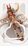  1girl ;p arm_up armlet bag bangs bell blue_eyes blunt_bangs bow brown_hair dark-skinned_female dark_skin dragalia_lost flower full_body gift_bag green_bow hair_flower hair_ornament highres holding holding_bag looking_at_viewer multicolored_bow nail_polish nefaria official_alternate_costume one_eye_closed red_bow red_nails sack santa_costume solo tongue tongue_out xiafei97 